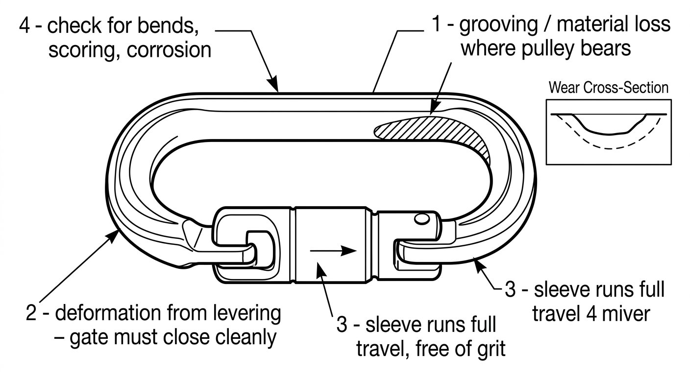 Inspection diagram of a hauling connector showing wear groove at the pulley bearing surface, nose deformation, sleeve travel and spine checks