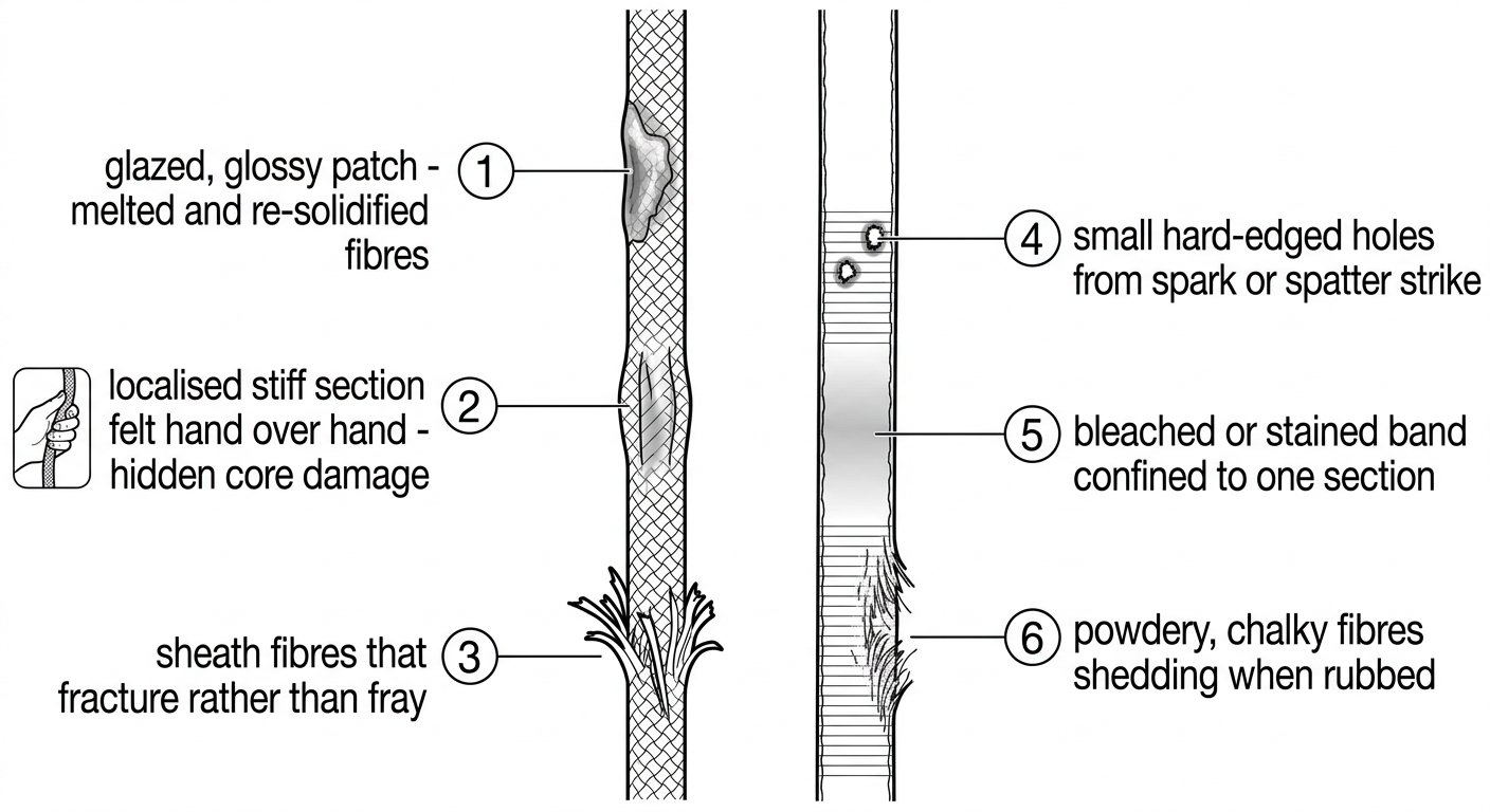 Inspection diagram showing signs of heat and chemical damage on kernmantle rope and webbing, including glazing, stiff sections, spark holes and powdery fibres