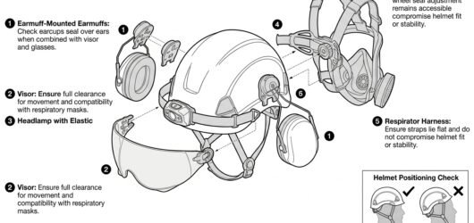 Diagram of helmet accessory compatibility: slot-mounted earmuffs and visor, headlamp clips, cradle adjustment and respirator head harness.