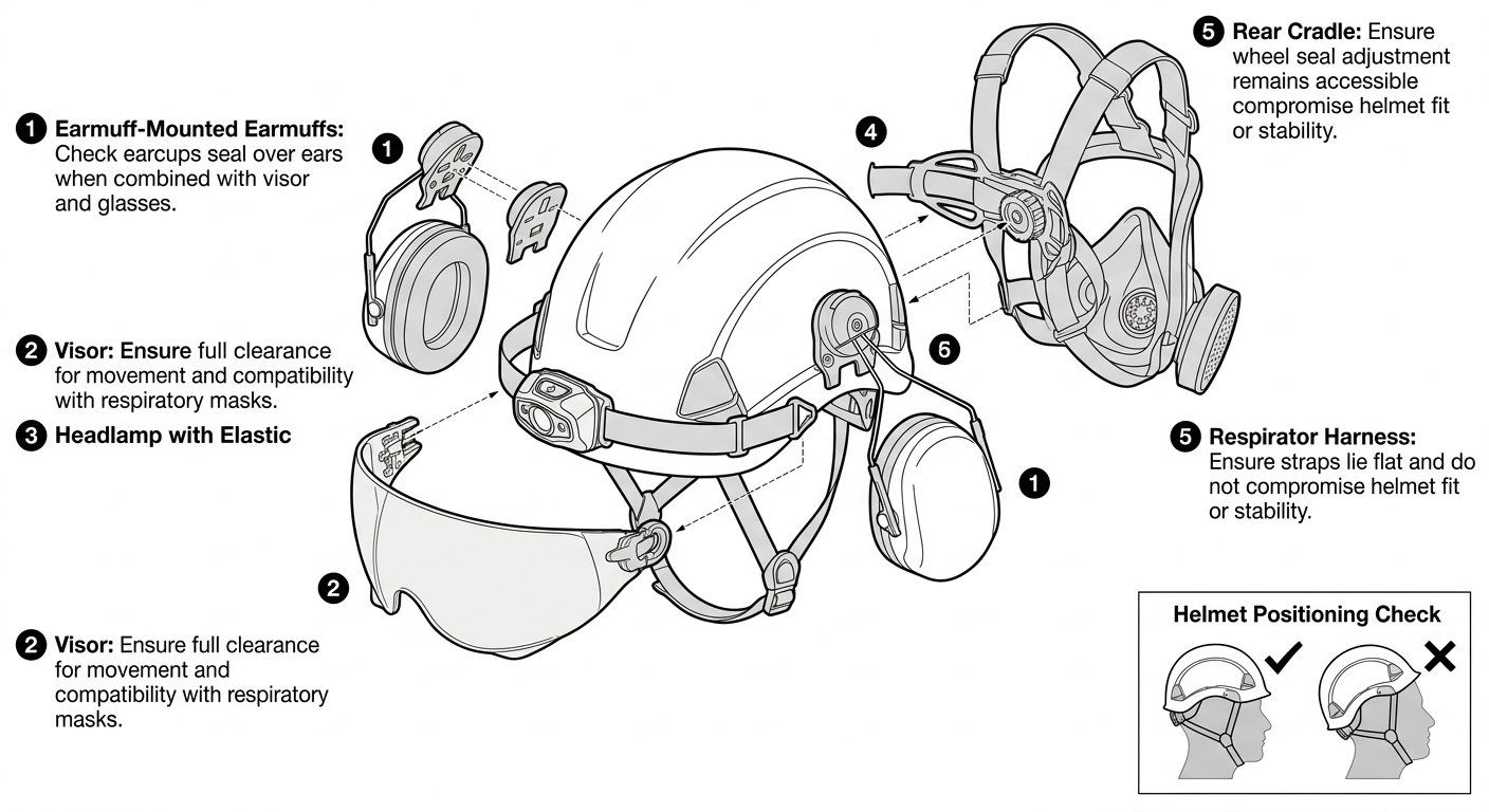 Diagram of helmet accessory compatibility: slot-mounted earmuffs and visor, headlamp clips, cradle adjustment and respirator head harness.
