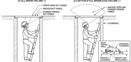 Diagram showing how a full-brim helmet blocks upward vision in a manhole while a low-profile brimless helmet preserves view of the anchor and standby 