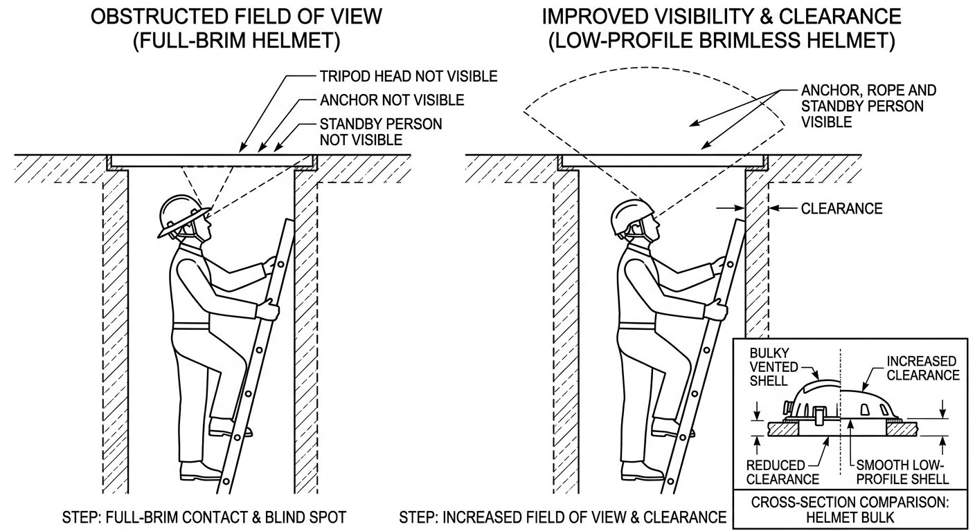 Diagram showing how a full-brim helmet blocks upward vision in a manhole while a low-profile brimless helmet preserves view of the anchor and standby person