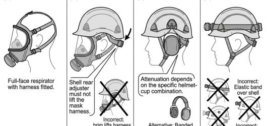 Four-step diagram of stacking respirator, helmet, hearing protection and headlamp for confined space entry, with interference errors crossed out