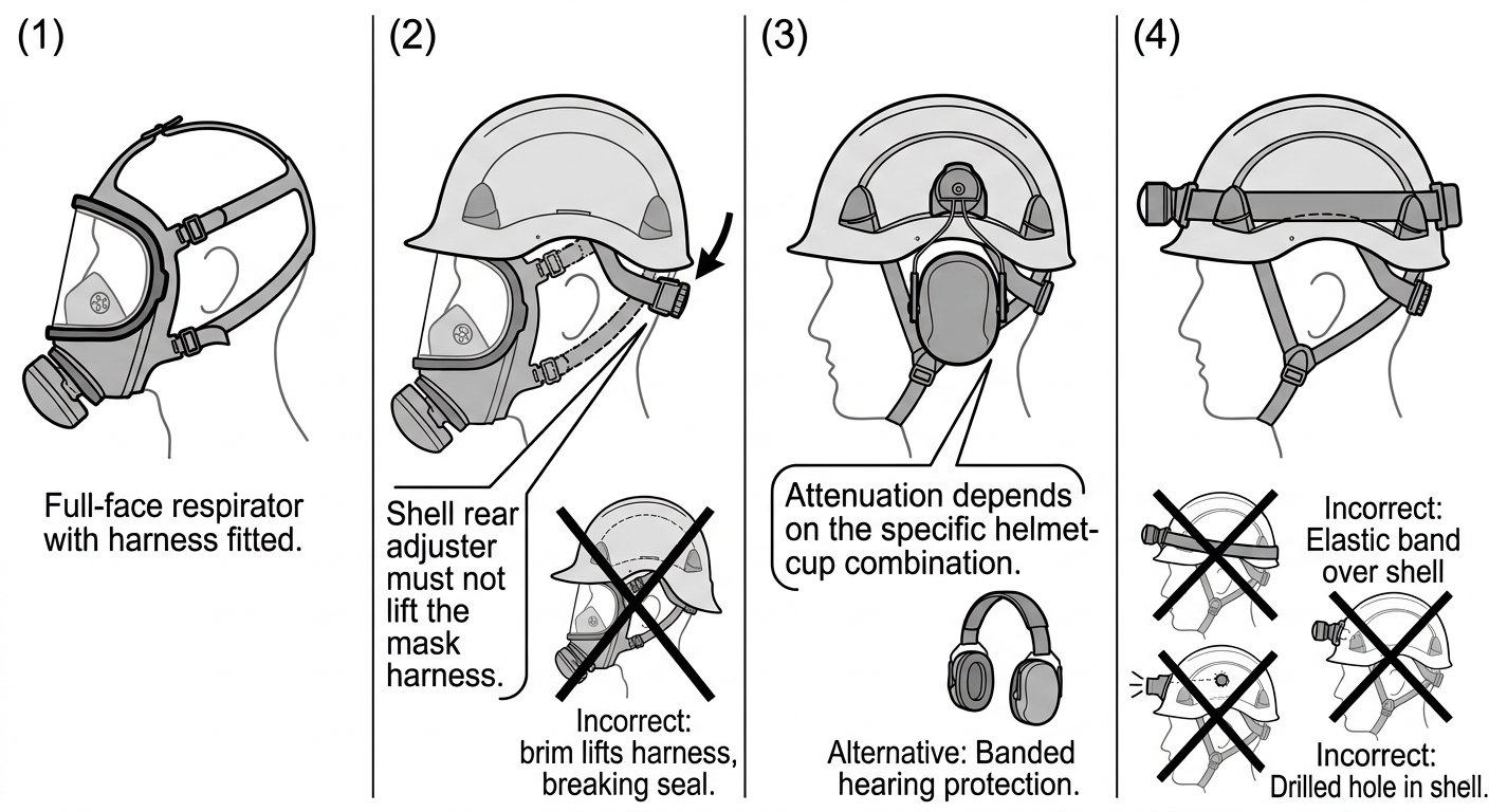 Four-step diagram of stacking respirator, helmet, hearing protection and headlamp for confined space entry, with interference errors crossed out