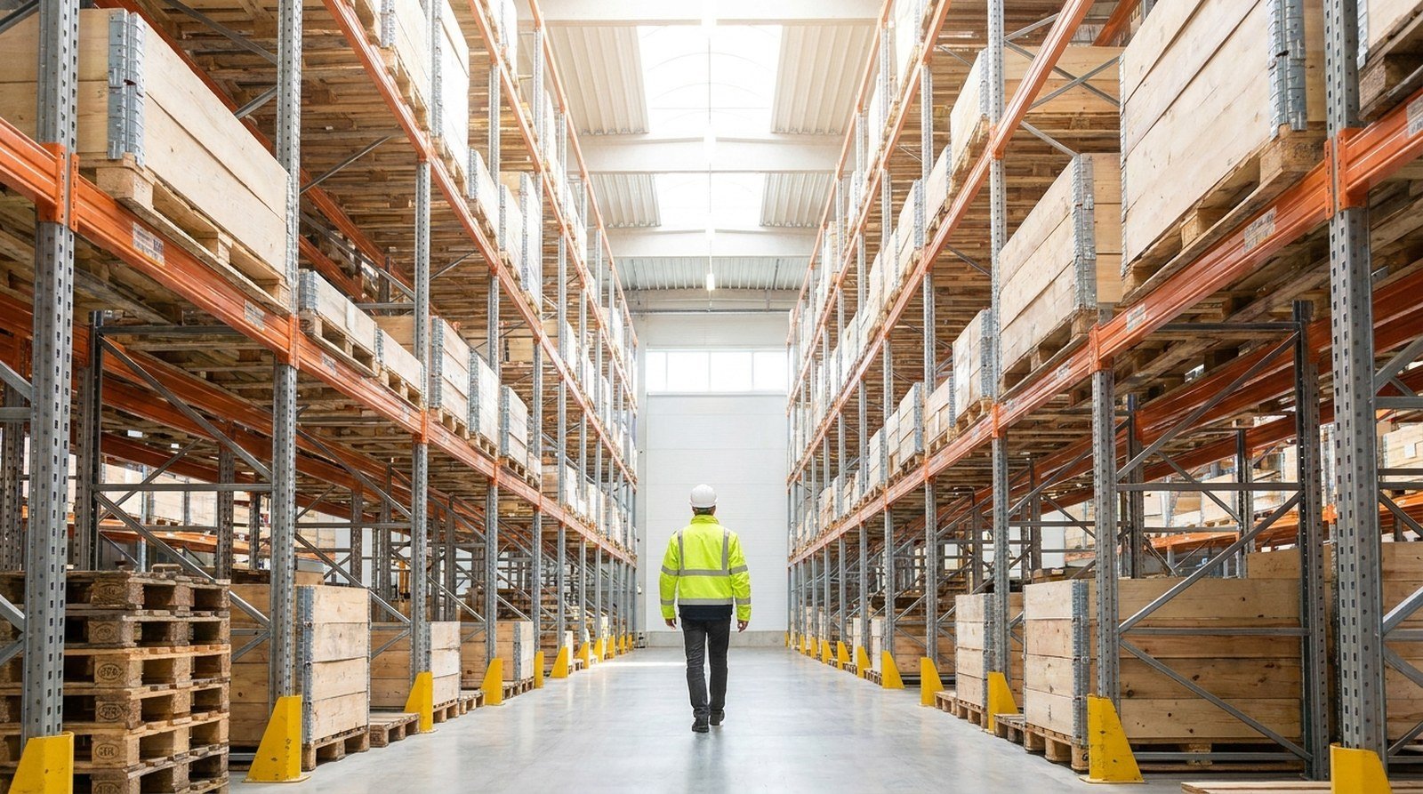 Worker in hi-vis walking down a bright warehouse aisle