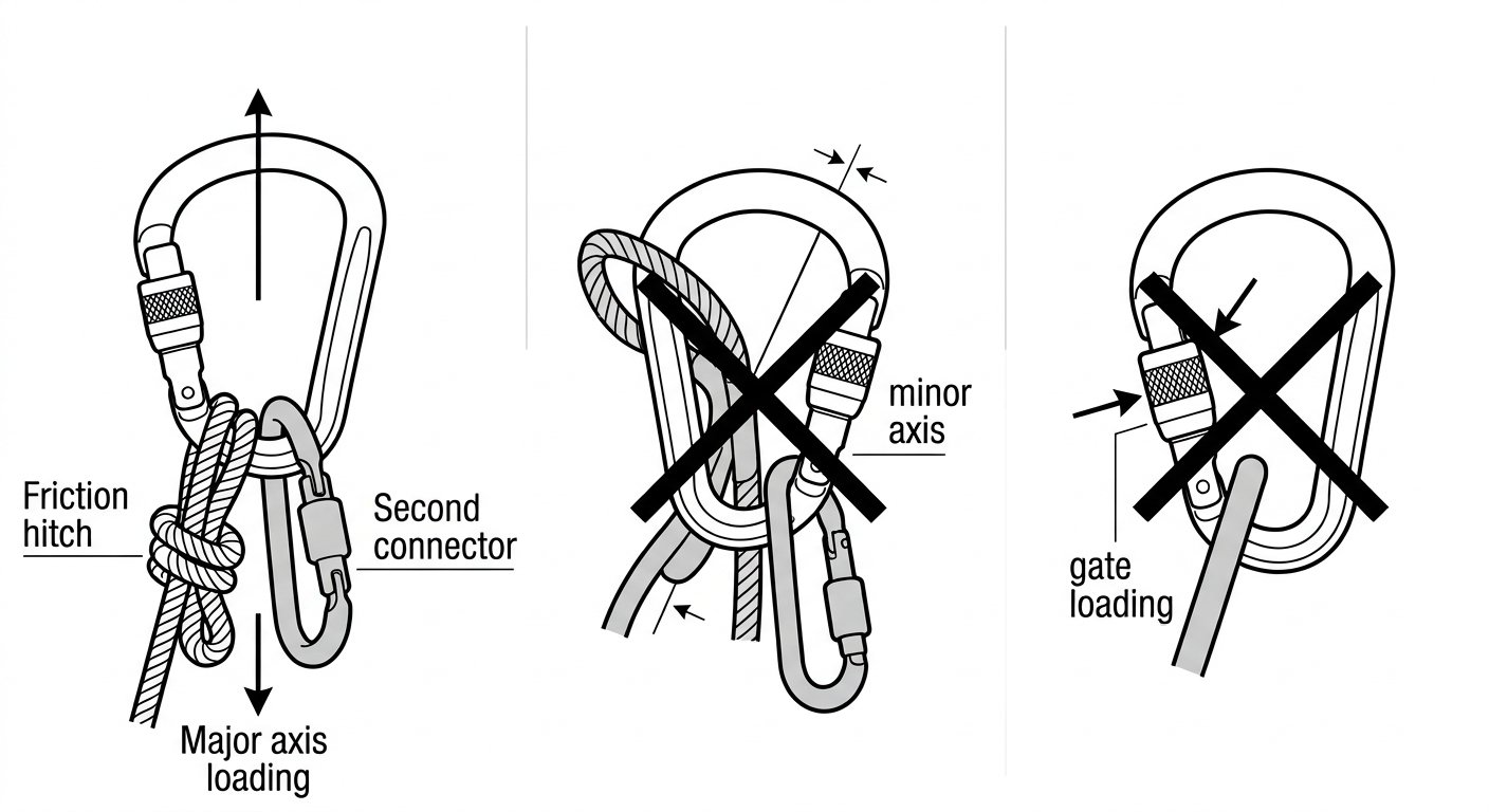Diagram of an HMS pear connector used correctly with a hitch and second connector, plus cross-loading and gate-loading faults marked as incorrect