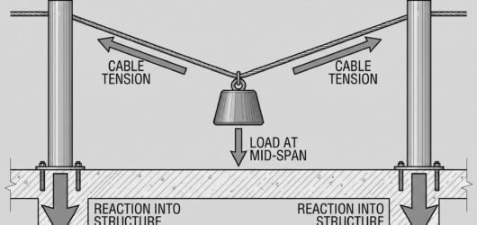 Force diagram showing a mass at mid-span of a near-horizontal life-line, with tension arrows along the cable and resultant reaction arrows into the st