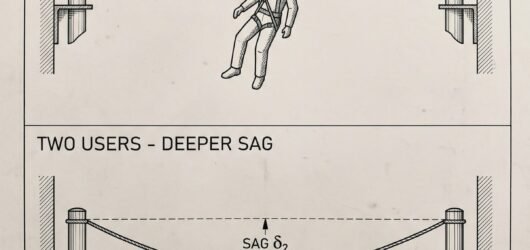 Elevation diagram of a horizontal flexible anchor line showing deeper cable sag and greater required fall clearance with two users on one span compare