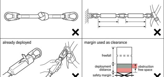 Four incorrect attempts to gain fall clearance: knotting the lanyard, two absorbers in series, reusing a deployed absorber, and consuming the safety m