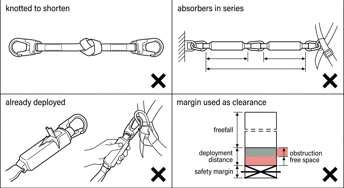 Four incorrect attempts to gain fall clearance: knotting the lanyard, two absorbers in series, reusing a deployed absorber, and consuming the safety margin.