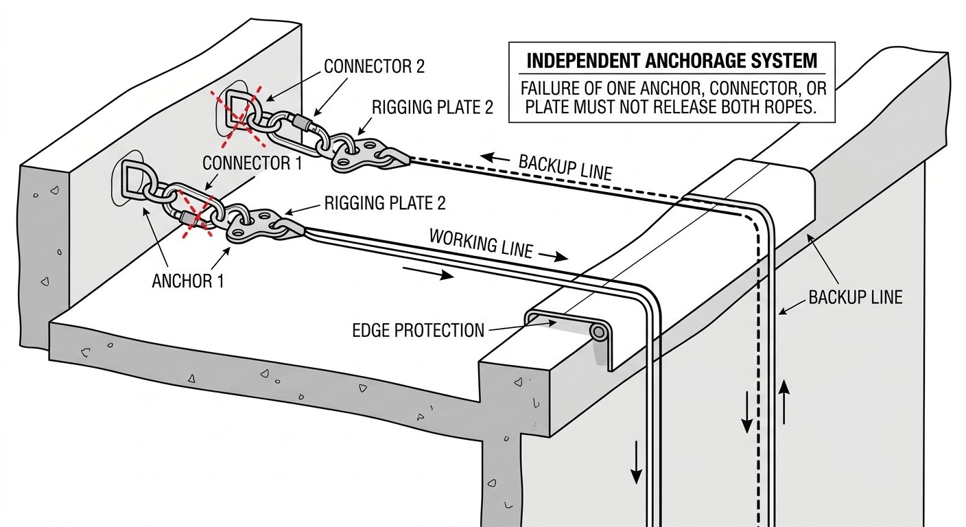 Rooftop parapet rigging with two independent anchor points, rigging plates and edge protection for the separate working and backup lines.
