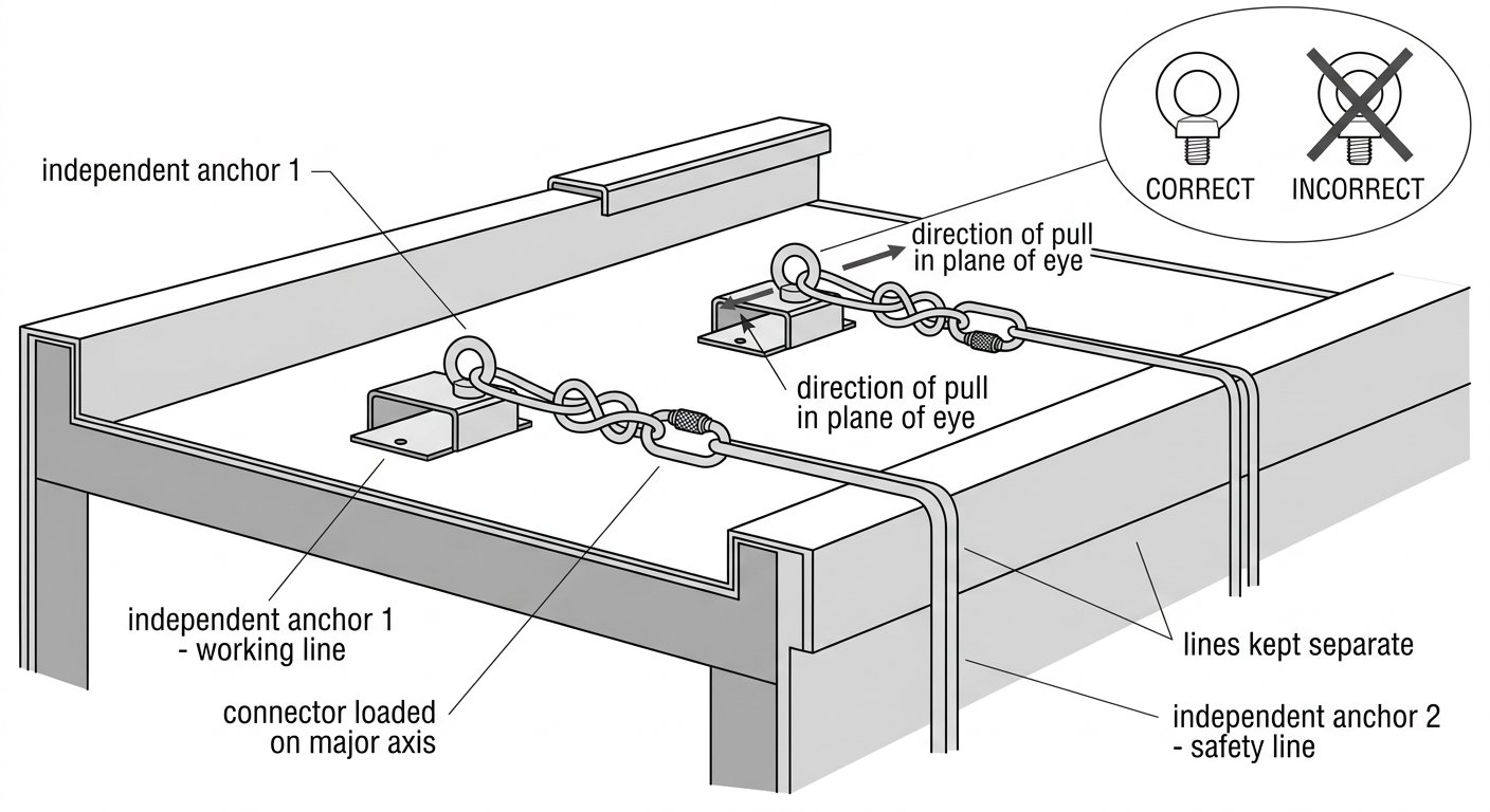 Diagram of a working line and safety line rigged to two independent rooftop anchors with locking connectors and separated rope paths