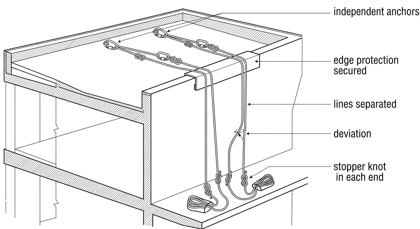 Technical overview diagram of a rope descent installation showing two independent anchors, separated working and safety lines, secured edge protection, a deviation and knotted rope ends at the landing