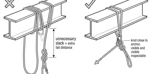 Comparison diagram showing an incorrect long slack loop between the beam and the knot versus a correct termination with the knot tight against the anc