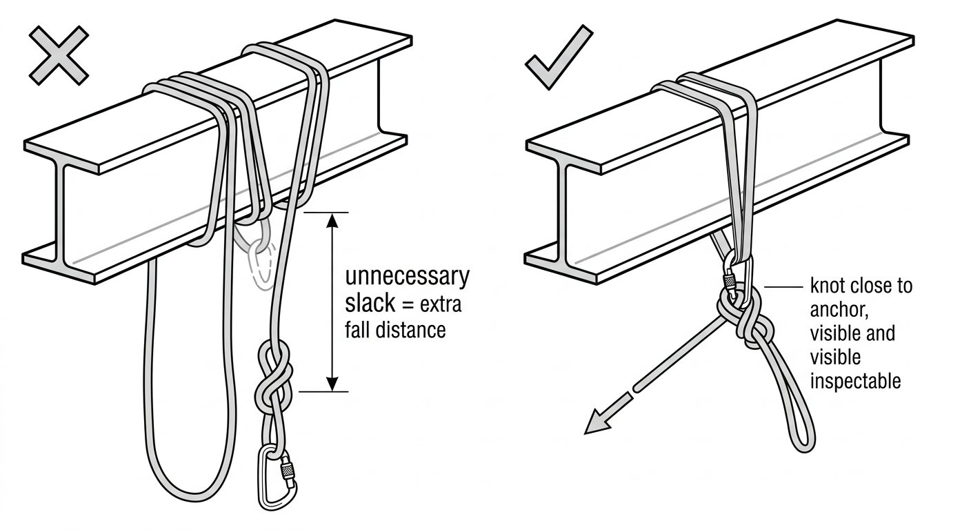 Comparison diagram showing an incorrect long slack loop between the beam and the knot versus a correct termination with the knot tight against the anchor connector.