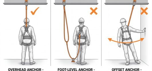 Three-panel comparison of anchor position: an overhead anchor giving the shortest fall, a foot-level anchor creating fall factor 2, and an offset anch
