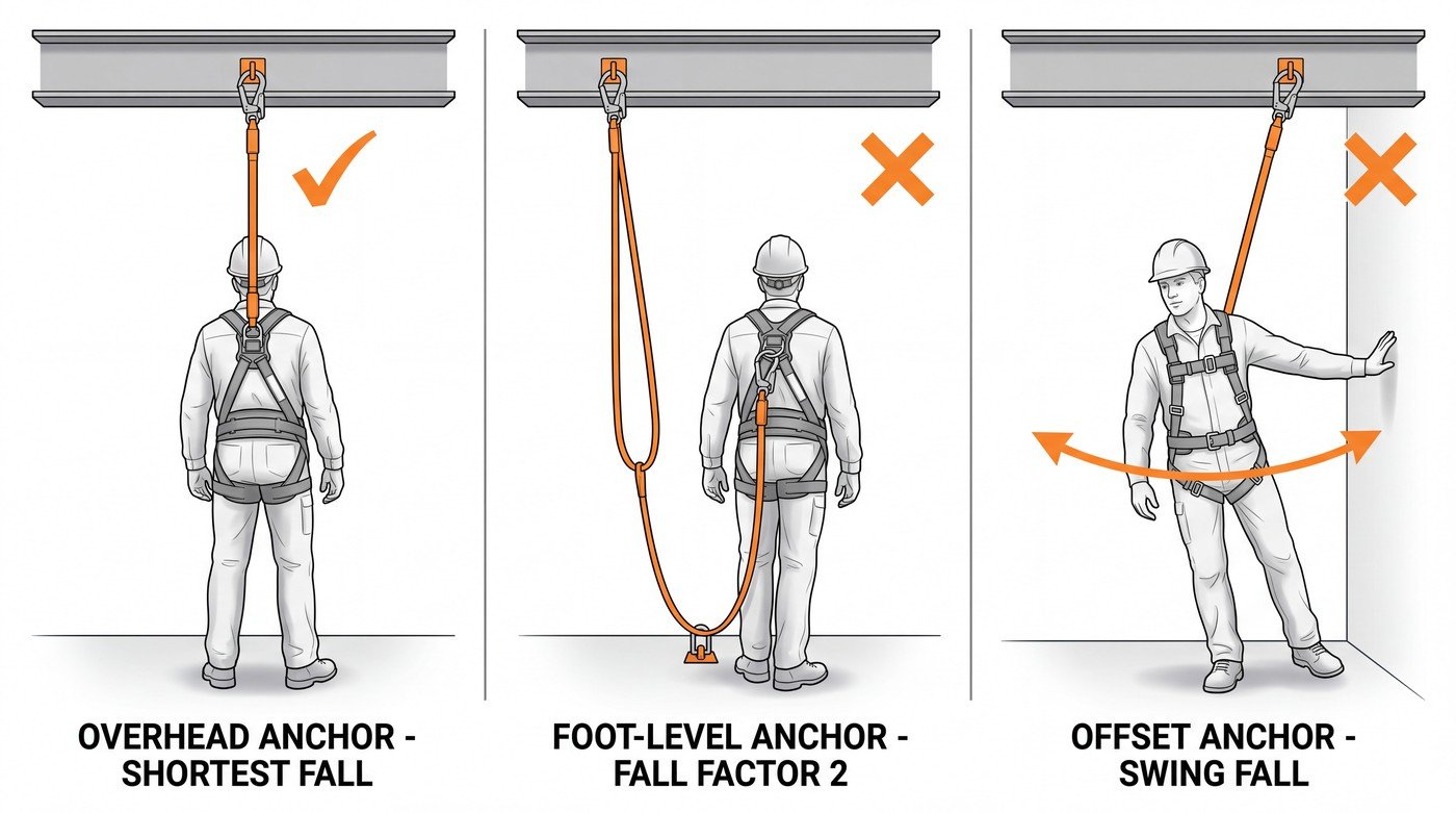 Three-panel comparison of anchor position: an overhead anchor giving the shortest fall, a foot-level anchor creating fall factor 2, and an offset anchor causing a swing fall.