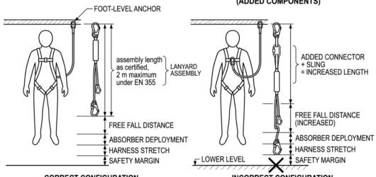 Elevation diagram comparing a certified energy-absorbing lanyard assembly with one extended by extra connectors, showing the resulting loss of fall cl