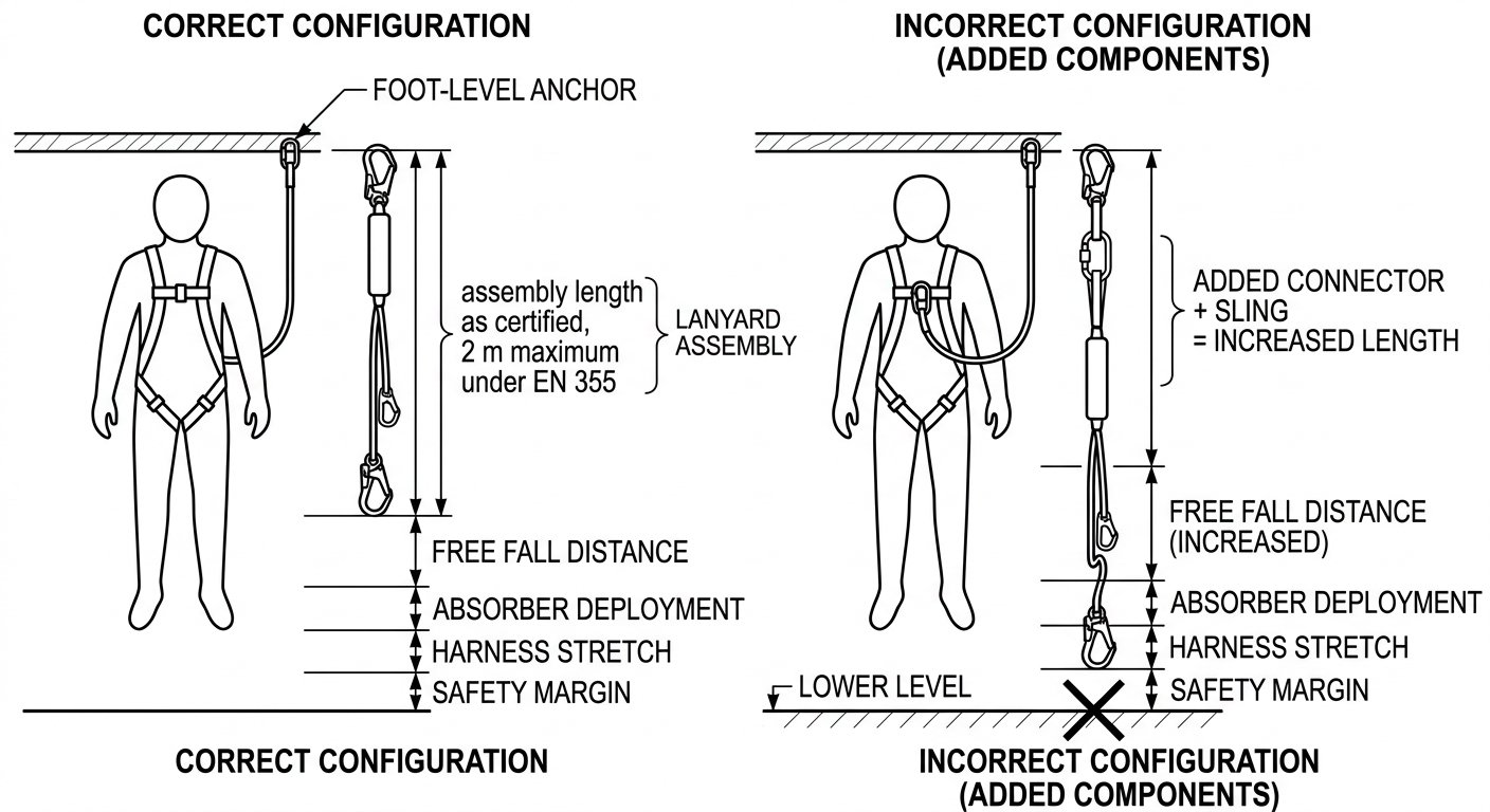 Elevation diagram comparing a certified energy-absorbing lanyard assembly with one extended by extra connectors, showing the resulting loss of fall clearance.