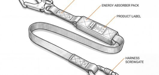Labelled energy-absorbing fall-arrest lanyard showing the anchor hook, webbing leg, energy absorber pack, product label and harness-end screwgate kara