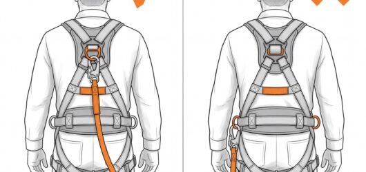 Rear-view comparison of a fall-arrest lanyard correctly connected to the dorsal D-ring between the shoulder blades, against the same lanyard incorrect