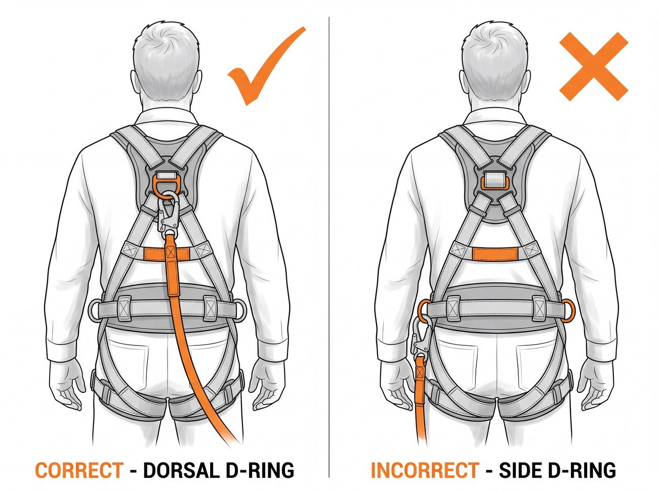 Rear-view comparison of a fall-arrest lanyard correctly connected to the dorsal D-ring between the shoulder blades, against the same lanyard incorrectly connected to a side waist-belt D-ring.