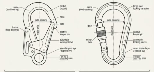 Labelled diagram of a large-opening scaffold hook and a locking karabiner showing spine, basket, nose, keeper pin, locking sleeve, gate opening and ma