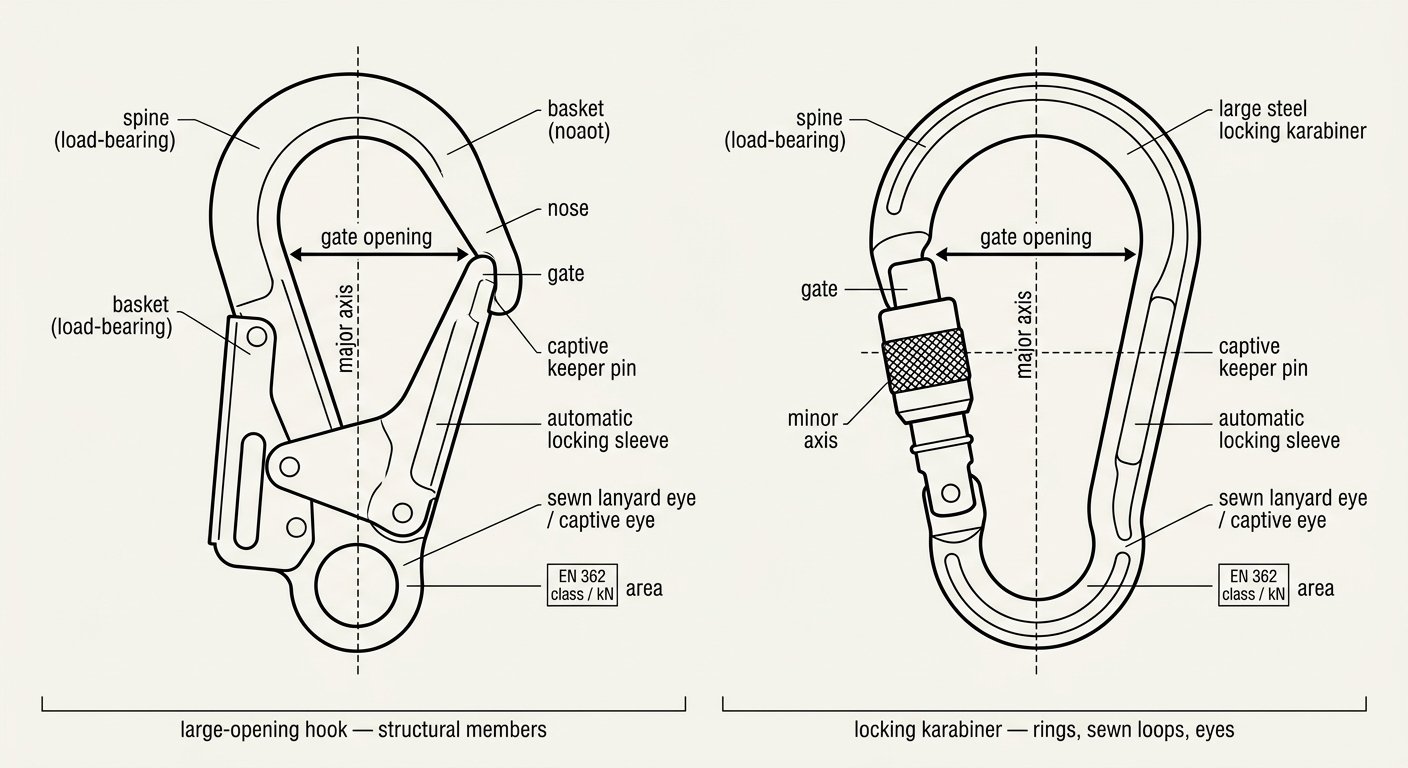 Labelled diagram of a large-opening scaffold hook and a locking karabiner showing spine, basket, nose, keeper pin, locking sleeve, gate opening and major and minor axes.