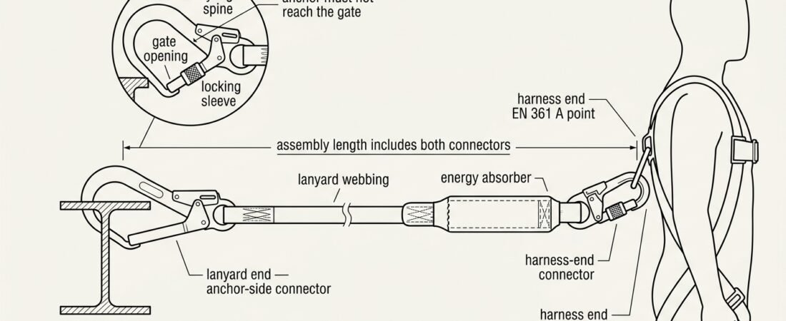 Lanyard-End Connector for Fall Arrest: Gate Opening, Roll-Out and Correct Loading