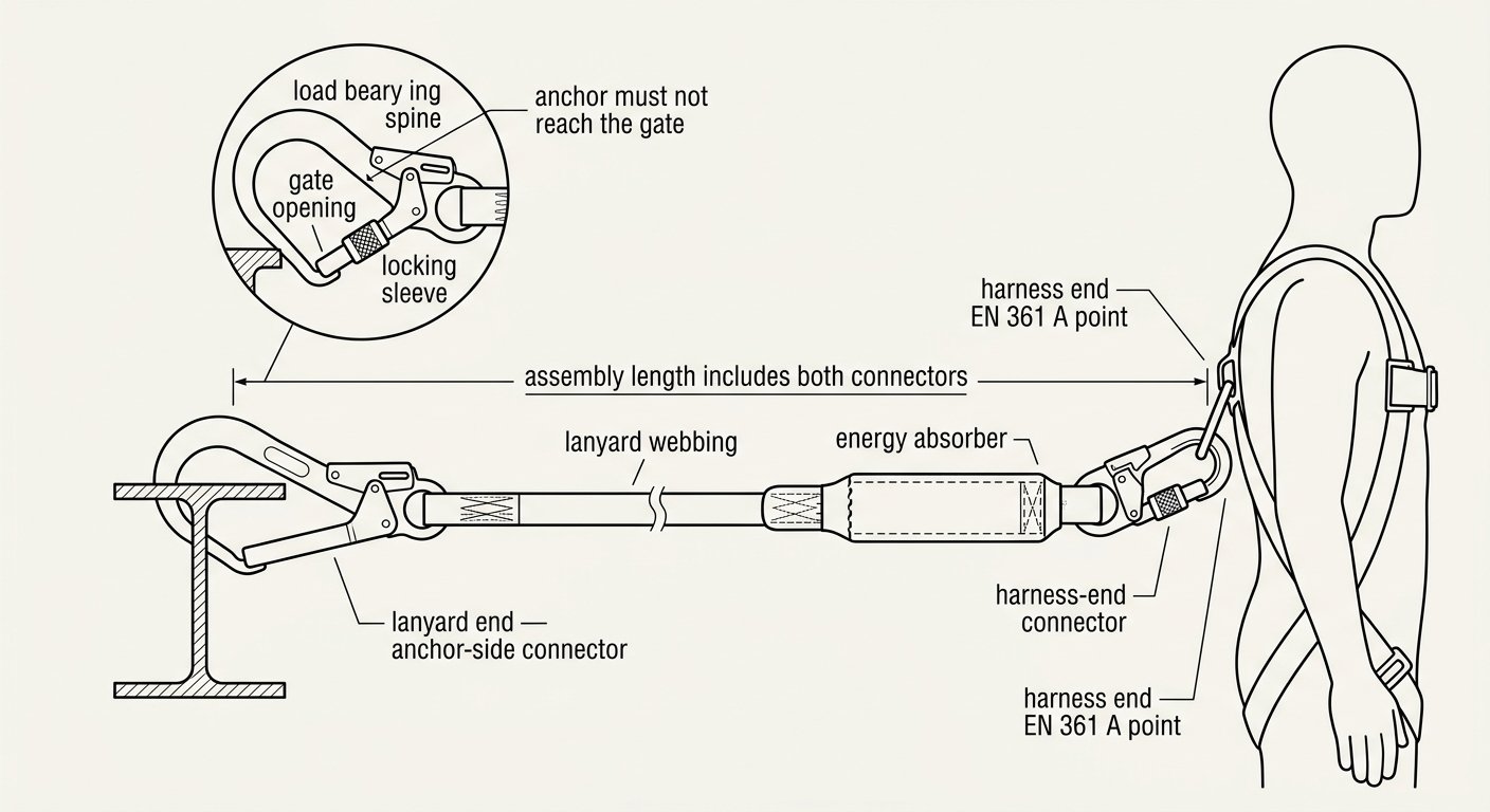 Lanyard-End Connector for Fall Arrest: Gate Opening, Roll-Out and Correct Loading
