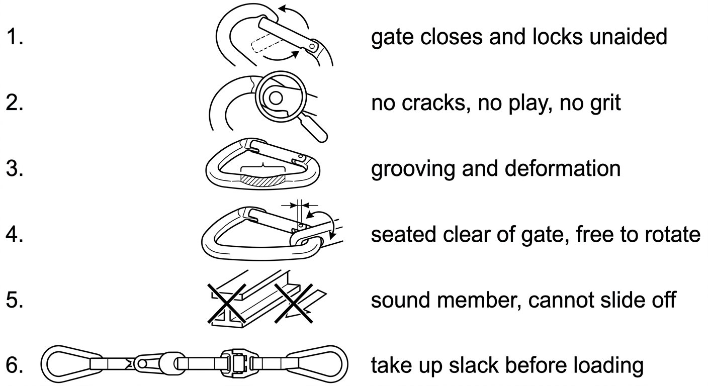 Six-step pre-clip check diagram for a work positioning lanyard-end connector covering gate action, nose and hinge, body wear, seating, the anchor member and taking up slack