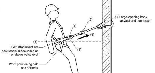 Diagram of a work positioning setup showing harness-end connector on the belt lateral attachment point, the adjuster, and the lanyard-end connector cl