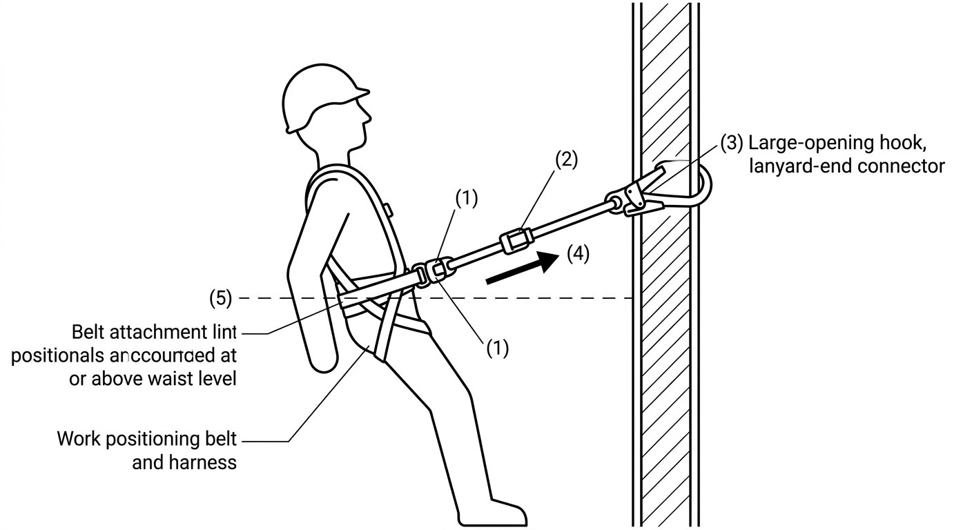 Diagram of a work positioning setup showing harness-end connector on the belt lateral attachment point, the adjuster, and the lanyard-end connector closed around a structural column with the lanyard under tension
