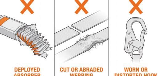 Three fall-arrest lanyard reject criteria: a deployed energy absorber with exposed tear-webbing, cut or abraded webbing, and a worn or distorted ancho