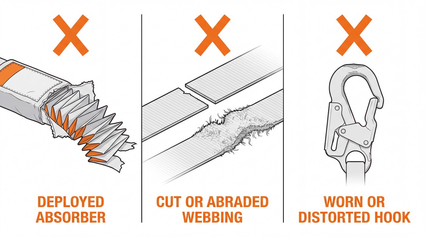 Three fall-arrest lanyard reject criteria: a deployed energy absorber with exposed tear-webbing, cut or abraded webbing, and a worn or distorted anchor hook.