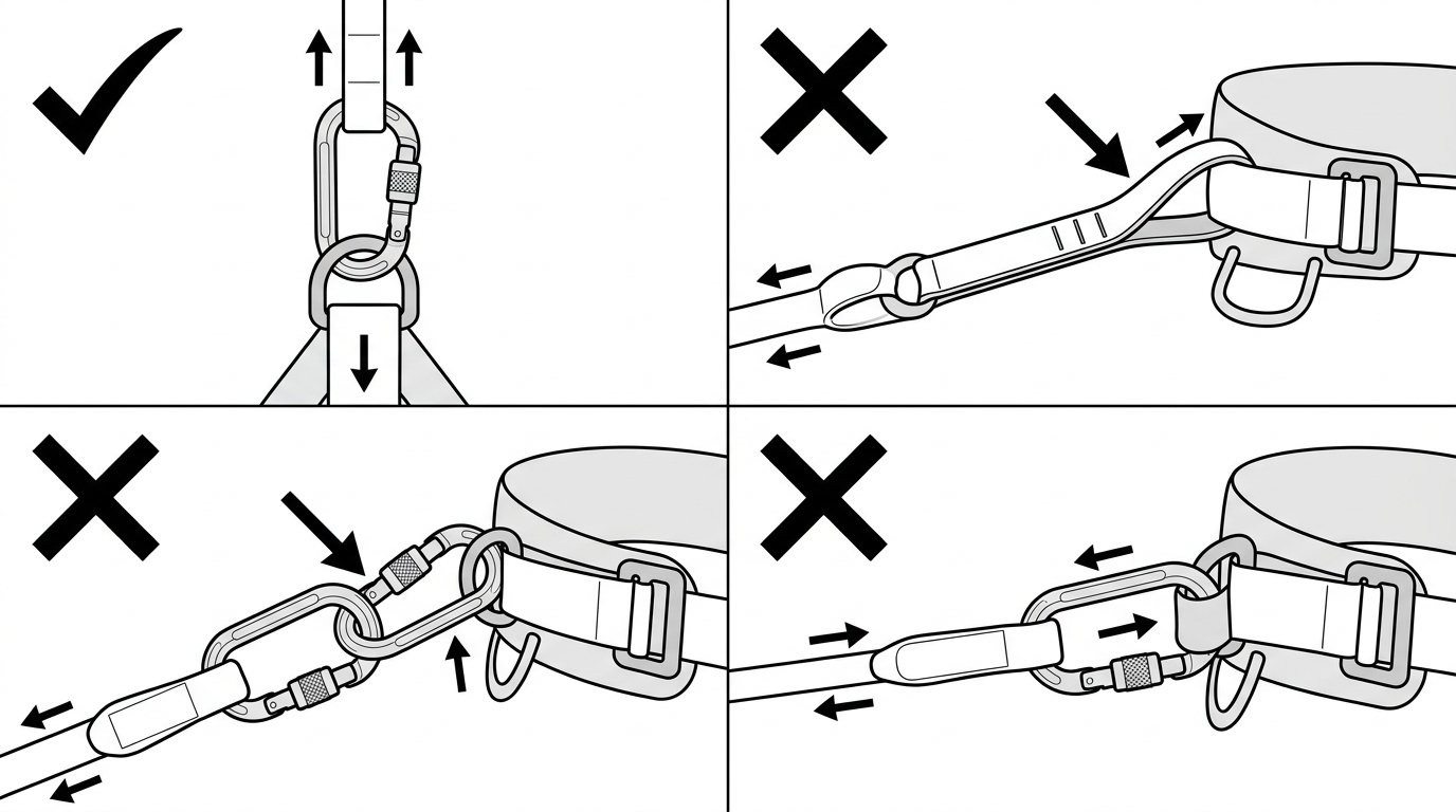 Comparison diagram showing a correct single locking connector at the harness attachment versus a girth-hitched lanyard loop, chained connectors, and a gate-loaded cross-loaded connector.