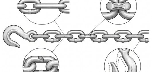 A run of chain with detail circles on a stretched link that will not articulate, wear at the link bearing point, a nick in the link body, and a hook w