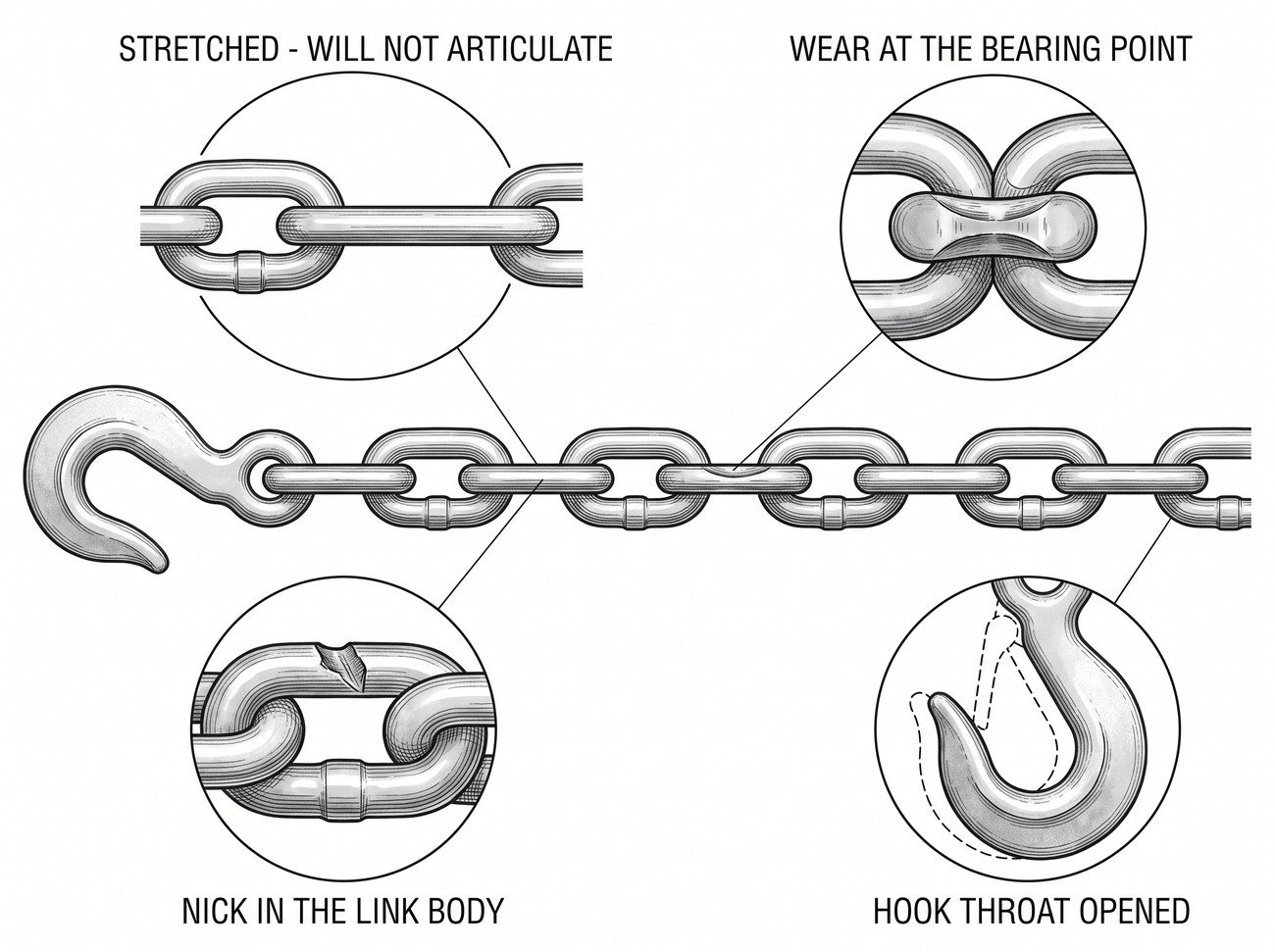 A run of chain with detail circles on a stretched link that will not articulate, wear at the link bearing point, a nick in the link body, and a hook with an opened throat.