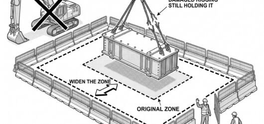 A load hanging from a jammed hook with a widened dashed exclusion boundary and barriers around it, adjacent plant stopped and crossed through, and a f