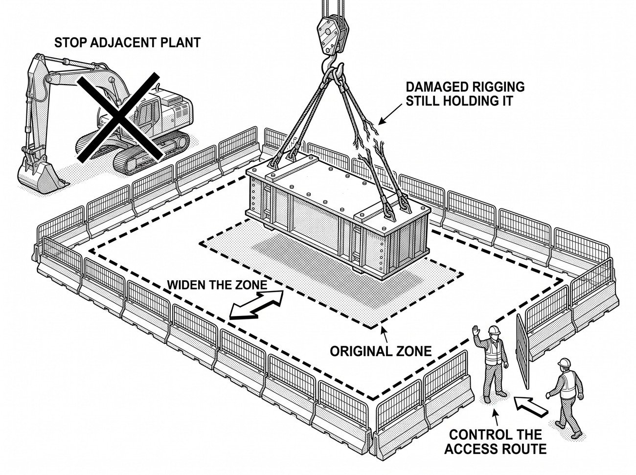 A load hanging from a jammed hook with a widened dashed exclusion boundary and barriers around it, adjacent plant stopped and crossed through, and a figure at the access point turning people back.