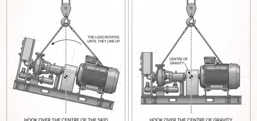 An asymmetric load shown suspended from a hook offset from its centre of gravity so it hangs tilted, beside the same load with the hook directly above