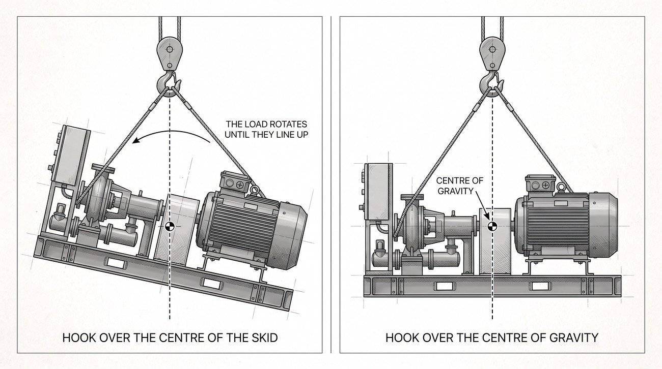 An asymmetric load shown suspended from a hook offset from its centre of gravity so it hangs tilted, beside the same load with the hook directly above the centre of gravity hanging level, with a plumb line drawn through both.