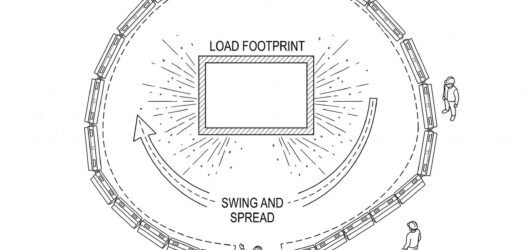 A plan view of a lift with the load footprint, a wider dashed exclusion boundary marked by barriers, the swing radius shown as an arc, and a figure at