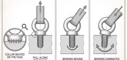 A collared eyebolt shown three times under an axial pull and at two increasing angles, with the bending moment on the shank drawn as a curved arrow th