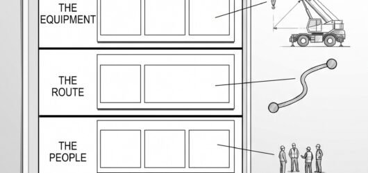 A single sheet divided into five stacked bands of empty boxes, each band linked by a leader line to a small sketch of the load, the crane at radius, t