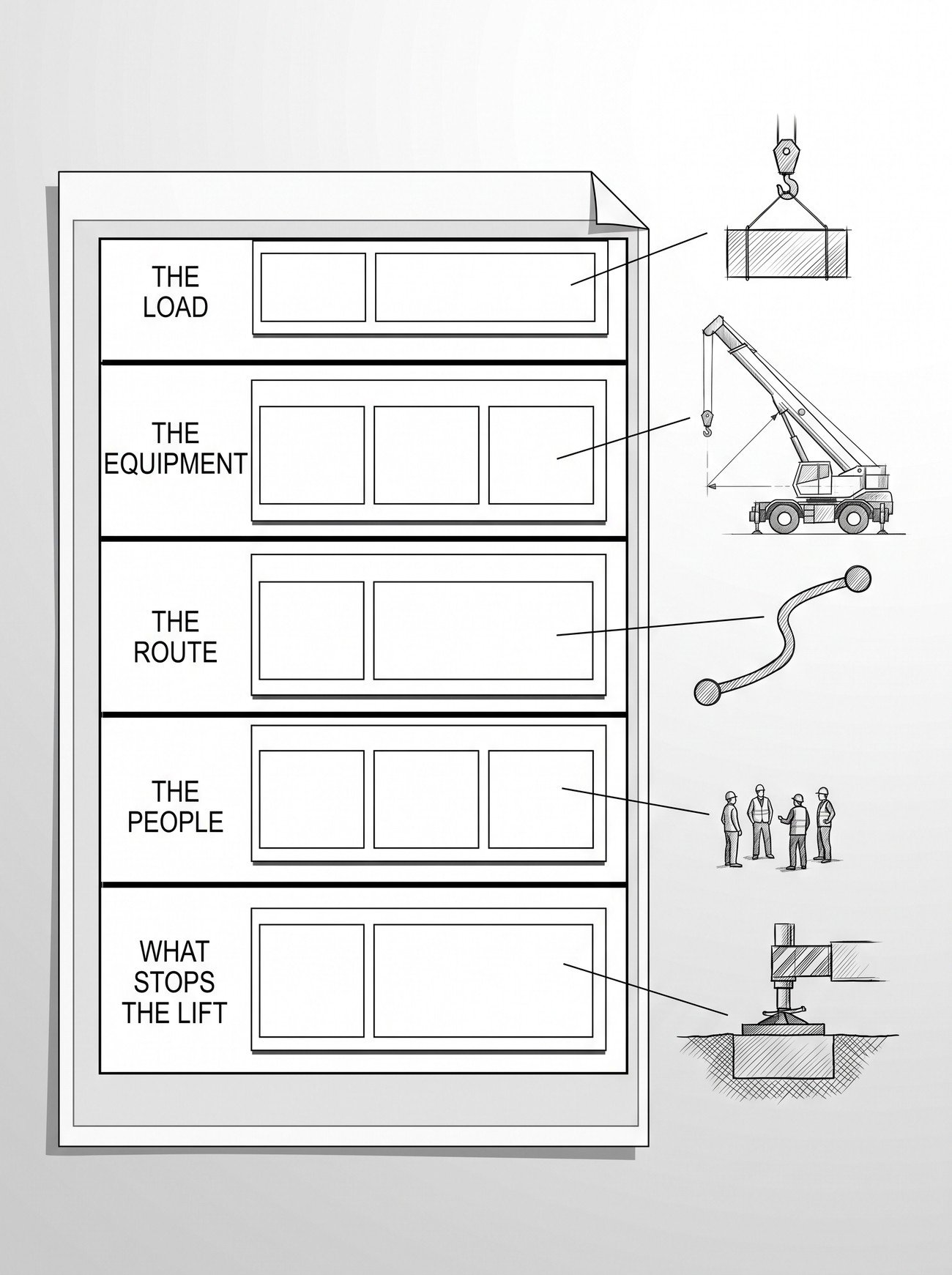 A single sheet divided into five stacked bands of empty boxes, each band linked by a leader line to a small sketch of the load, the crane at radius, the route, the people and the ground conditions.