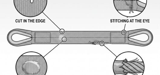 A webbing sling laid out flat with detail circles on a cut edge, pulled stitching at the eye, a heat-glazed patch and a roundsling cover worn through 
