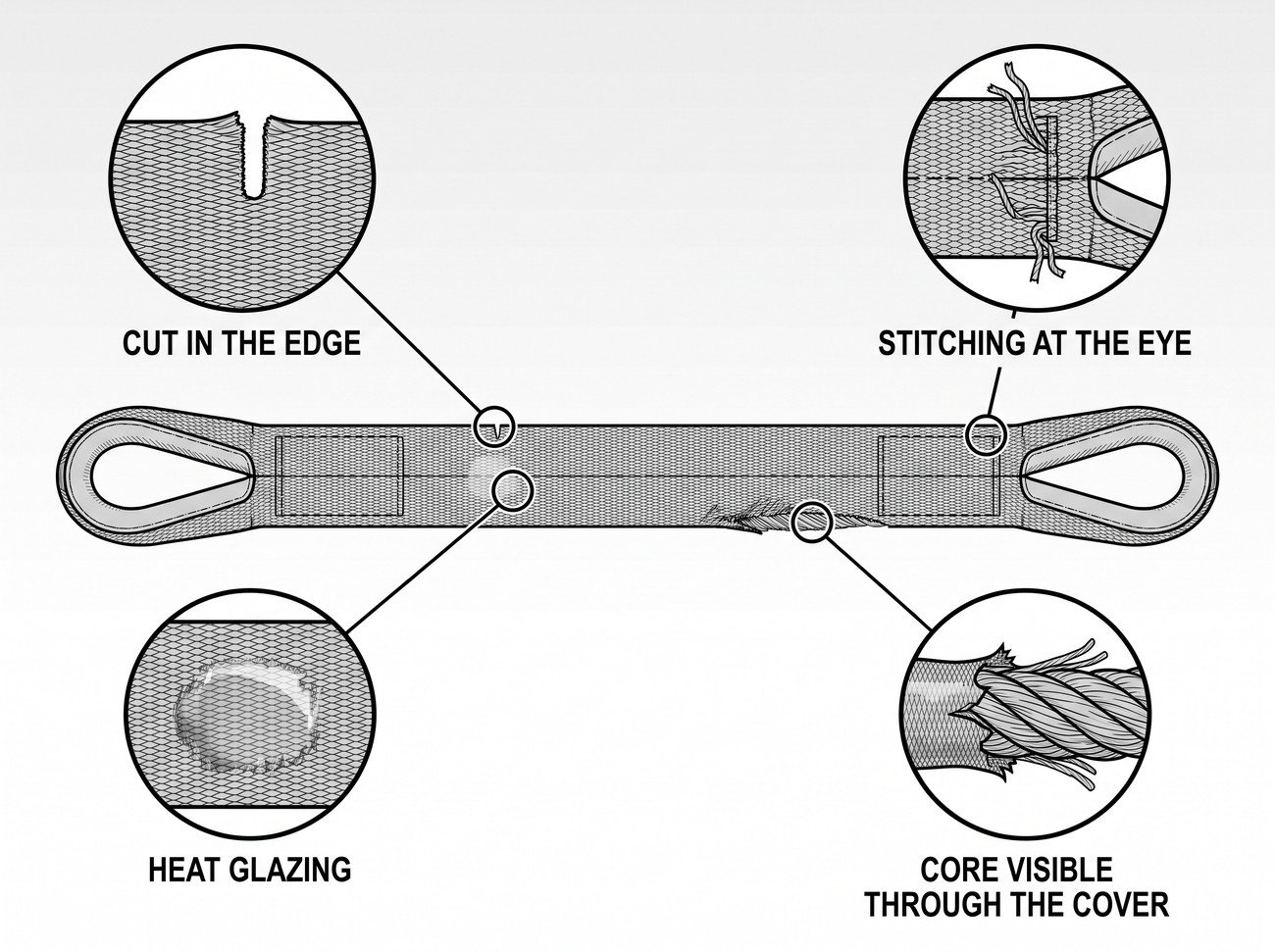 A webbing sling laid out flat with detail circles on a cut edge, pulled stitching at the eye, a heat-glazed patch and a roundsling cover worn through to show the core.