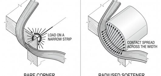 A webbing sling shown over a sharp corner with the load concentrated on a narrow strip, beside the same corner fitted with a radiused softener spreadi