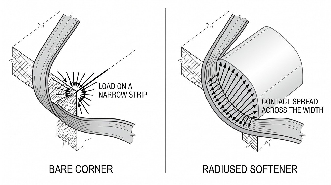 A webbing sling shown over a sharp corner with the load concentrated on a narrow strip, beside the same corner fitted with a radiused softener spreading the contact across the full width.